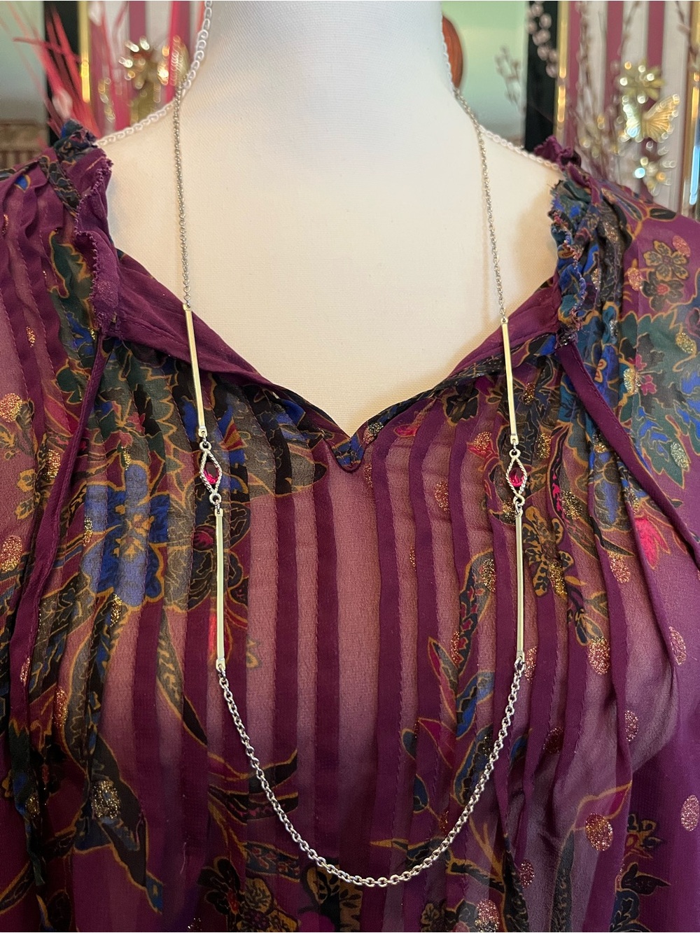 Vintage 1970s Sarah Coventry Silver Multi-Bar Layered Necklace with Pink Accents